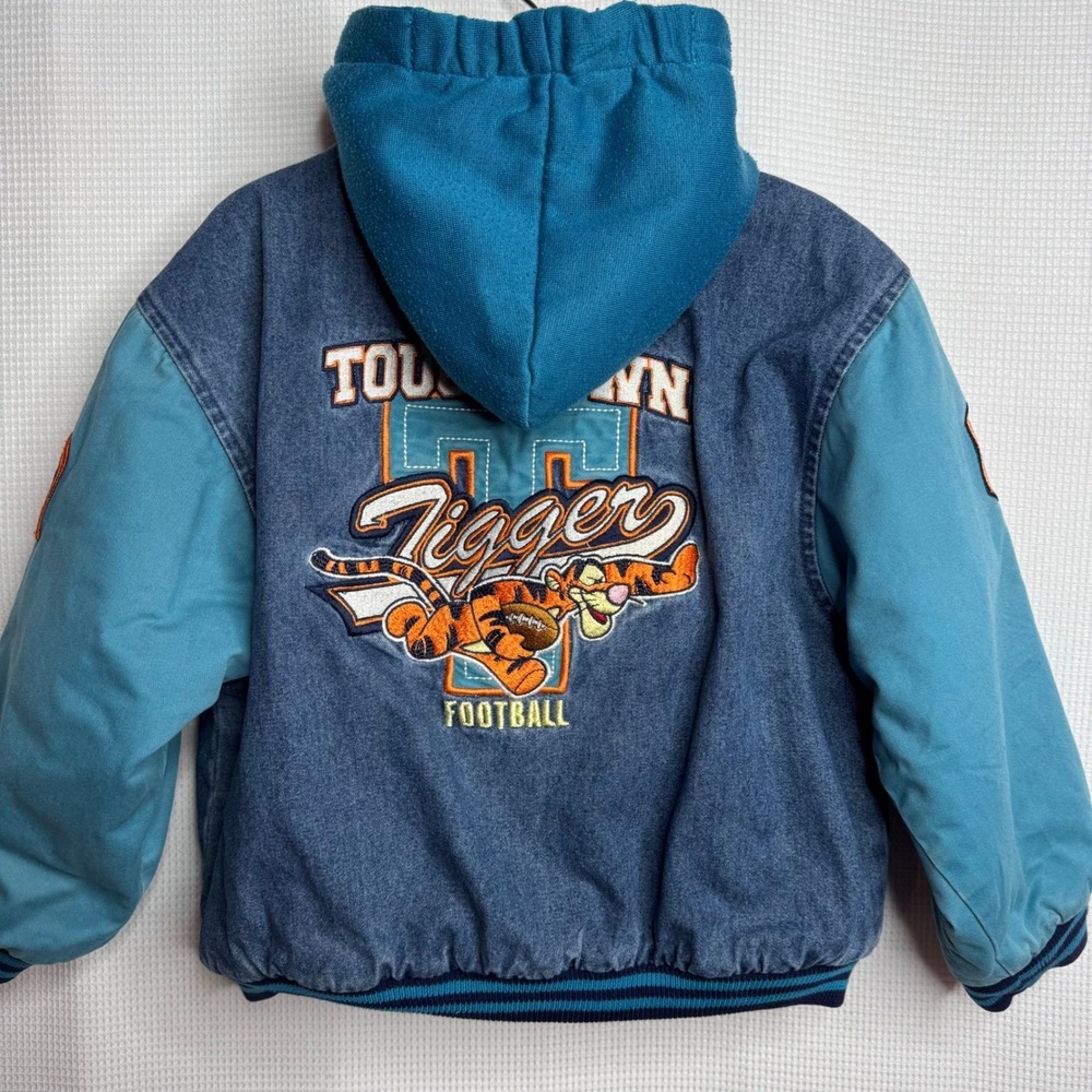 RARE! Vintage Disney Kids Tigger Denim Boys Varsity Jacket Hooded Football 4/5